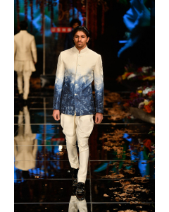 Ivory Indigo Ombre Shibori Print Bandhgala