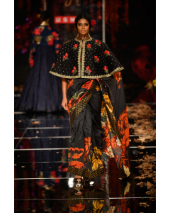Black Printed Saree With Embroidery Cape