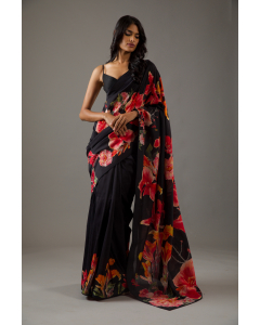 Clack Silk Chanderi Saree With Red Digital Print