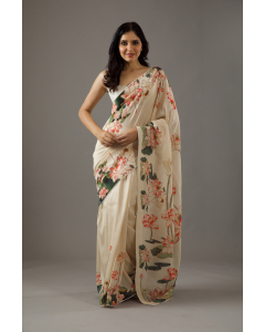 Ivory Silk Chanderi Saree With Digital Print.