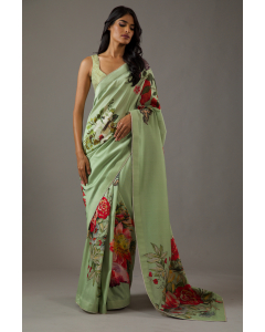 Mint Green Silk Chanderi Saree With Floral Multicolour Print