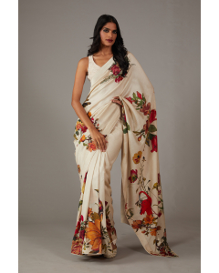 Chanderi Silk Saree With Multicolour Floral Embroidery