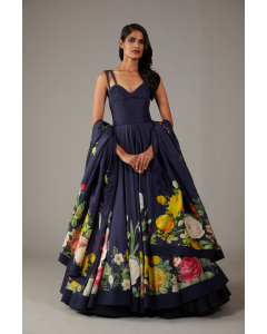 Floral Printed Indigo Anarkali Set