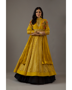 Mustard Chanderi Anarkali Set With Embroidery