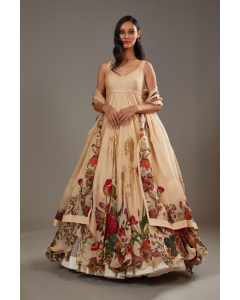 Beige Printed Anarkali Set
