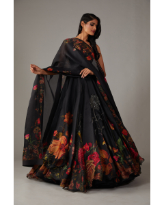 Black Anarkali Set With Multicolour Print