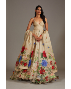 Light Pewter Printed Chanderi Anarkali Set