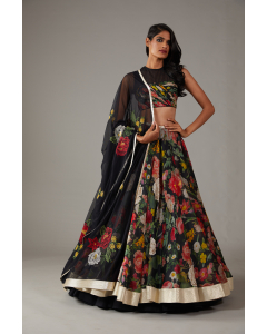 Printed Black Organza Lehenga Set