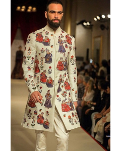 Ivory Printed And Hand Embroidered Sherwani
