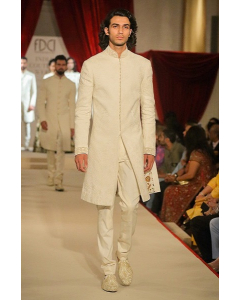 Ivory Hand And Machine Embroidered Sherwani