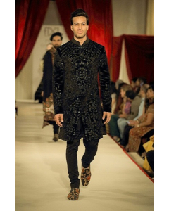Black Hand And Machine Embroidered Sherwani