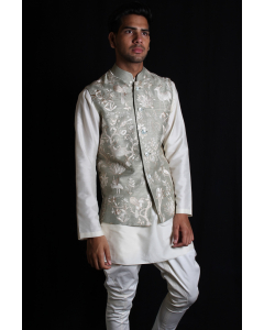 Light Green Embroidery Mens Bundi