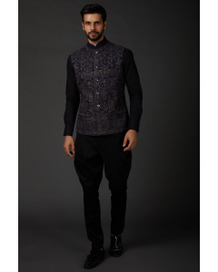 Indigo Blue Machine Embroidered Bundi Jacket