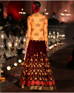 Yellow Block Printed Quilted Jacket With Embroidered Wine Lengha