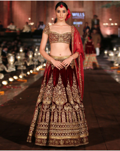 Hand Embroidered Wine Velvet Lehenga Set