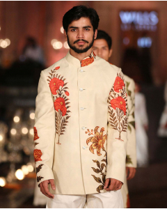 Cream Light Matka Silk Sherwani Set