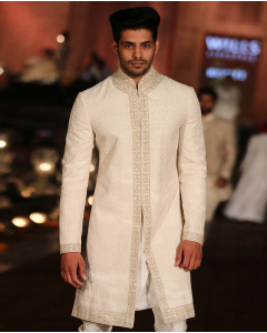 Ivory Chanderi Sherwani Set With Tonal Embroidery