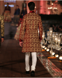 Gold And Wine Velvet Sherwani Set