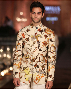 Light Matka Silk Bandhgala Set With Digital Print